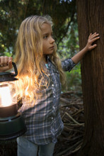 Curious, Serious, Uncertain Girl With Lantern Exploring In Woods