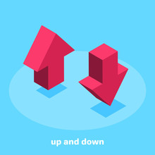 Isometric Vector Image On A Blue Background, Icons In The Form Of Red Up And Down Arrows, Rising And Falling