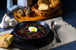 Delicious beetroot borscht with egg