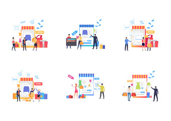 Poster - Set of people buying online. Flat vector illustrations of men and women choosing clothing and counting profit. Online shopping concept for banner, website design or landing web page