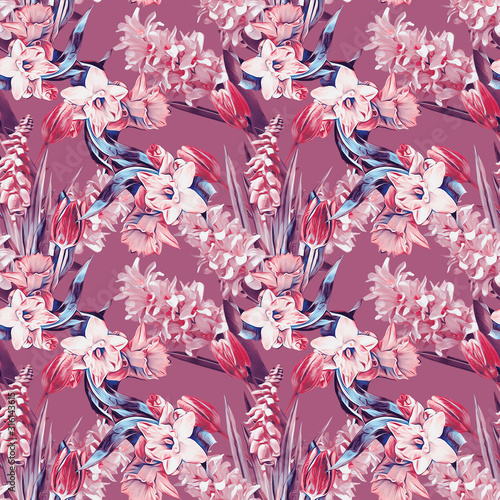 Spring flowers seamless pattern with hyacinths.