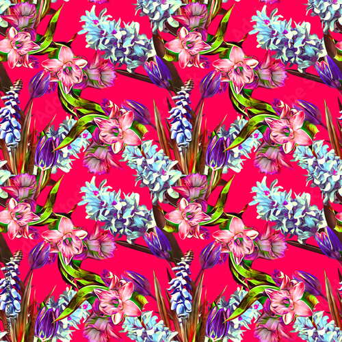 Spring flowers seamless pattern with hyacinths.