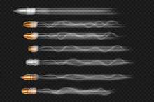 Realistic Flying Bullet With Smoke Traces Set. 3D Vector Isolated On Transparent Background Illustration.