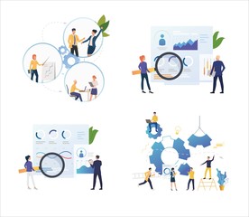 Wall Mural - Set of business people developing project. Flat vector illustrations of working with charts. Teamwork, discussion, planning concept for banner, website design or landing web page