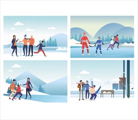 Sticker - Set of family doing winter sports. Flat vector illustrations of people skiing and skating. Winter outdoor activities concept for banner, website design or landing web page