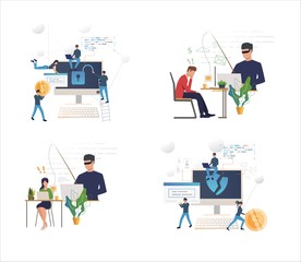 Wall Mural - Set of cybercriminals cracking secured data. Flat vector illustrations of people stealing personal information. Computer security, phishing concept for banner, website design or landing web page