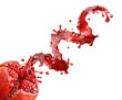 Fresh pomegranate fruit juice or wine 3D splash wave with ripe pomegranate. Organic juice splashing label design isolated on white background. Pomegranate juice advertising package ad design element
