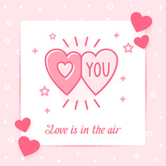 Wall Mural - Two heart valentine card Love you text icon vector