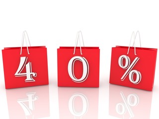 Red shopping bags with 40% discount on white background