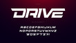Drive font bold italic letters with dynamic slant and geometric cut for speed race, battle, fast delivery or fight poster driver alphabet vector typography design.