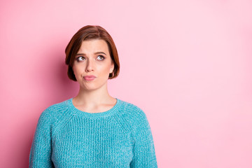 Sticker - Close-up portrait of her she nice attractive lovely doubtful brown-haired girl thinking choosing option isolated over pink pastel color background