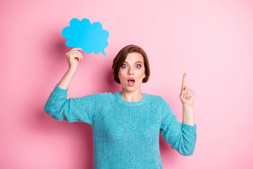 Wall Mural - Portrait of her she nice attractive pretty lovely amazed brainy brown-haired girl showing forefinger up cloud copy space isolated over pink pastel color background