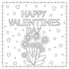 Happy Valentine Day card with flowers and hearts. Coloring page.