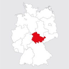  Thuringia province highlighted germany map. Gray background. German political map.
