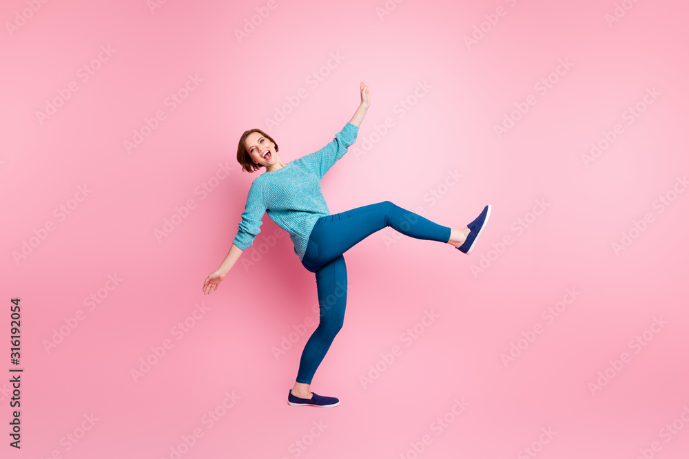 Full length body size view of her she nice attractive lovely carefree careless cheerful cheery girlish brown-haired girl walking having fun isolated over pink pastel color background - obrazy, fototapety, plakaty 