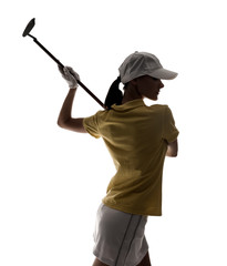 Silhouette of beautiful female golfer isolated on white