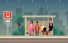 Cartoon People Standing At City Bus Stop On Rainy Weather.