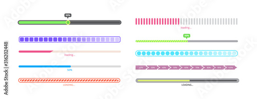 Fotomural Isolated progress bar set - different styles of loading process indicators