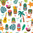 Colorful tiki mask and Hawaii vacation symbol seamless pattern