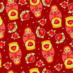 Wall Mural - Seamless pattern with matrioshka dolls and flowers. Vector graphics.