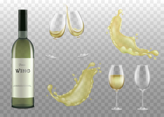 White wine mockup set - realistic bottle, alcohol drink in clear glass and liquid splash