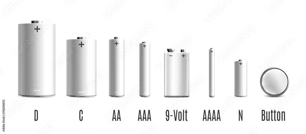 Mockup set of battery in various sizes realistic vector illustration isolated. - obrazy, fototapety, plakaty 