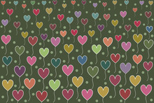 Colorful Hearts Ballons With Dots On Green Background.