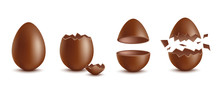 Realistic Chocolate Eggs Broken, Halves And Whole, Vector Illustration Isolated.