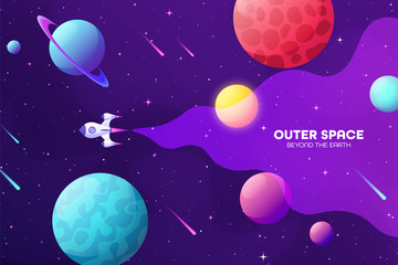 Wall Mural - space futuristic modern colorful background with rocket. starship, spaceship in night sky. solar sys