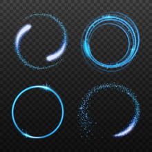 Set Of Neon Blue Circle Light Effects Realistic Vector Illustrations Isolated.