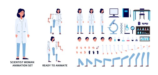 Scientist woman character constructor set, flat vector illustration isolated.