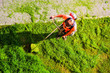Young worker mowing lawn with grass trimmer outdoors in garden. Man mowing green grass, mower top view. Professional roadside mowing lawn. Photo of maintenance professional worker cutting ground grass