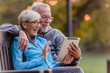 Smiling senior active couple sitting on the bench looking at tablet computer. Using modern technology by elderly.