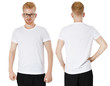 © paulcannoby - A man with glasses in an empty clean white t-shirt. Isolated on white background. Tshirt mockup copyspace