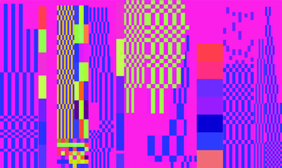 Aufkleber - Mosaic of random colorful pixels like in 8-bit video game with glitch art effect. Vaporwave and retrowave style abstract geometric background.