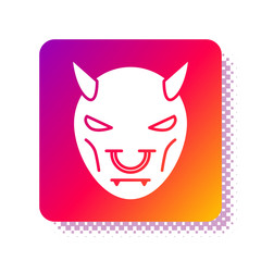 Sticker - White Mask of the devil with horns icon isolated on white background. Square color button. Vector Illustration