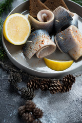 Wall Mural - Closeup of herring fillet with lemon and brown bread slices in a grey plate, vertical shot