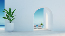 Gate To The Sea View & Beach Living - Santorini Island Style / 3D Rendering