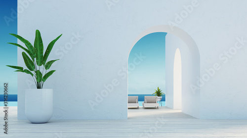 Fotomural Gate to the sea view & Beach living - Santorini island style / 3D rendering