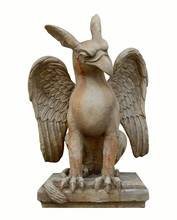 Griffin, Gryphin, Griffon Or Gryphon Statue. Decoration Antique Stone Art On Isolated White Background. Animal Legend With Eagle Head And Lion Body