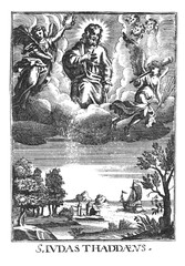 Antique vintage religious allegorical engraving or drawing of Jude or Judas Thaddaeus in heaven above the seaside landscape.Illustration from Book Die Betrubte Und noch Ihrem Beliebten..., Austrian