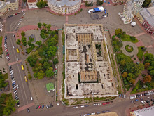 Aeiral Drone View. The Destroyed Building Of The Guest Livin Room In Kiev.