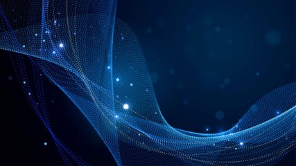Black background with blue waves, blue blurred dust, sparks, abstract background