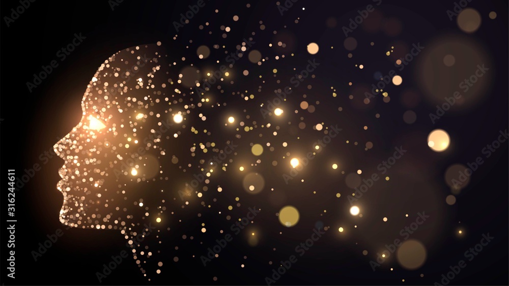 Human face on a dark background of gold glowing particles - obrazy, fototapety, plakaty 