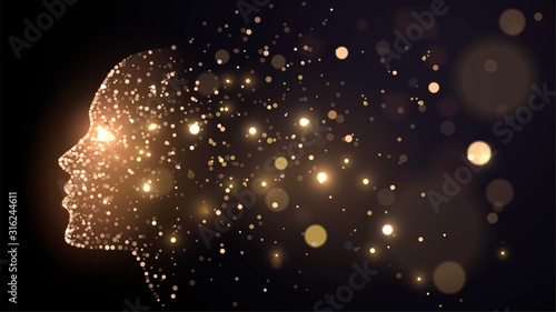 Human face on a dark background of gold glowing particles Poster Mural XXL