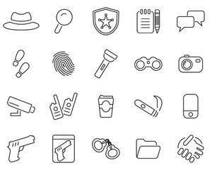 Sticker - Detective or Private Eye Icons Black & White Thin Line Set Big