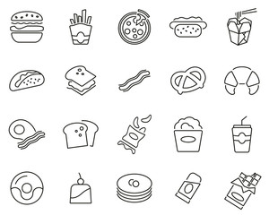 Poster - Fast Food Or Junk Food Icons Black & White Thin Line Set Big