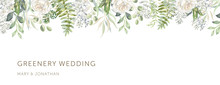 Delicate Border Of White Flowers, Forest Green Leaves, White Background. Wedding Invitation Banner Frame. Rose, Hydrangea, Fern. Vector Illustration. Floral Arrangement. Design Template Greeting Card