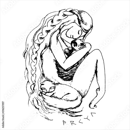 Fotomural Hand drawn Illustration of Freya Norse goddess of love and beauty hugs her two cats