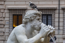 Mythical Statue Spewing Water With Pigeon Sitting On It's Head